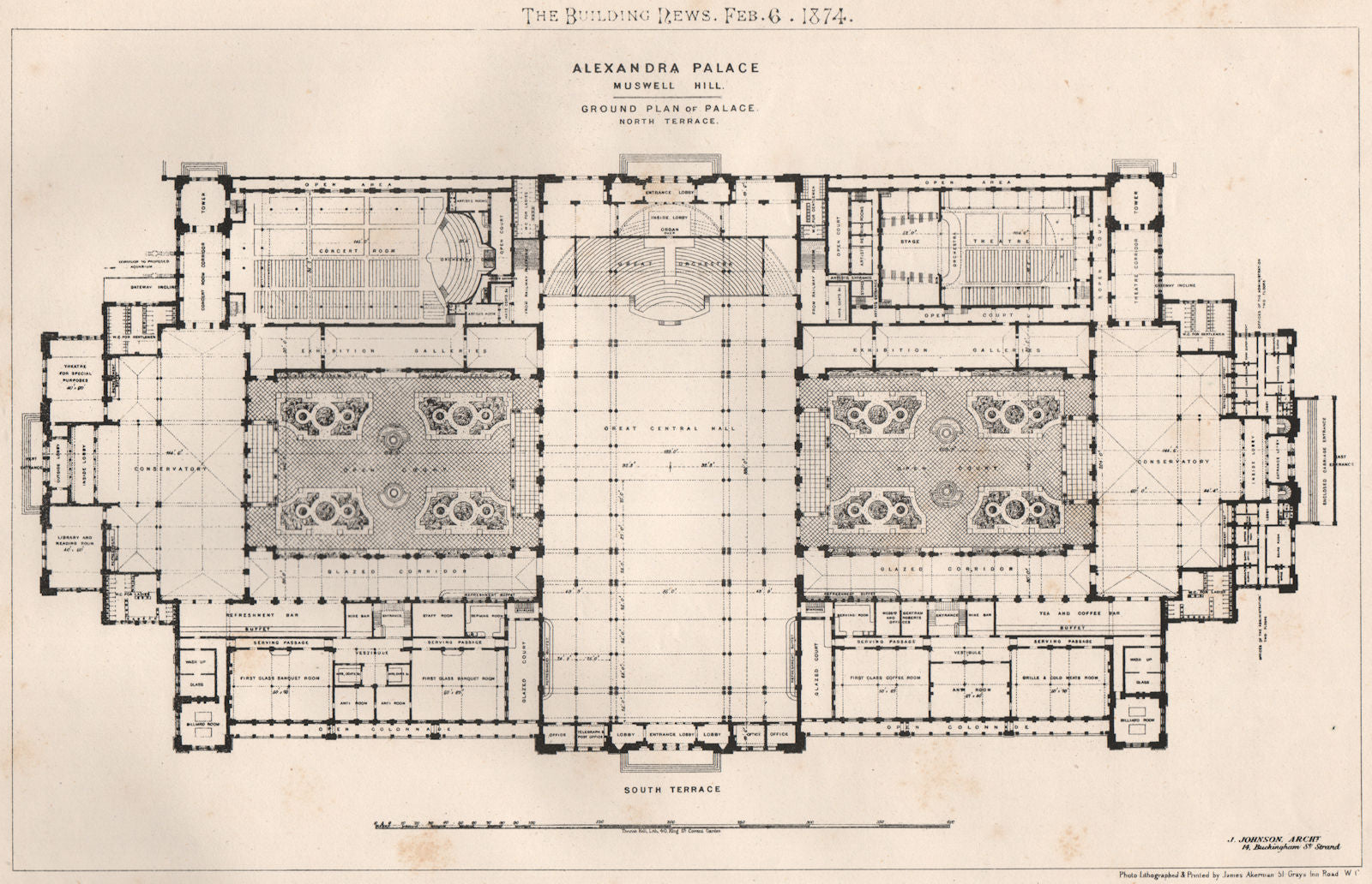 Alexandra Palace, Muswell Hill; J. Johnson, Architect 1874 old antique print